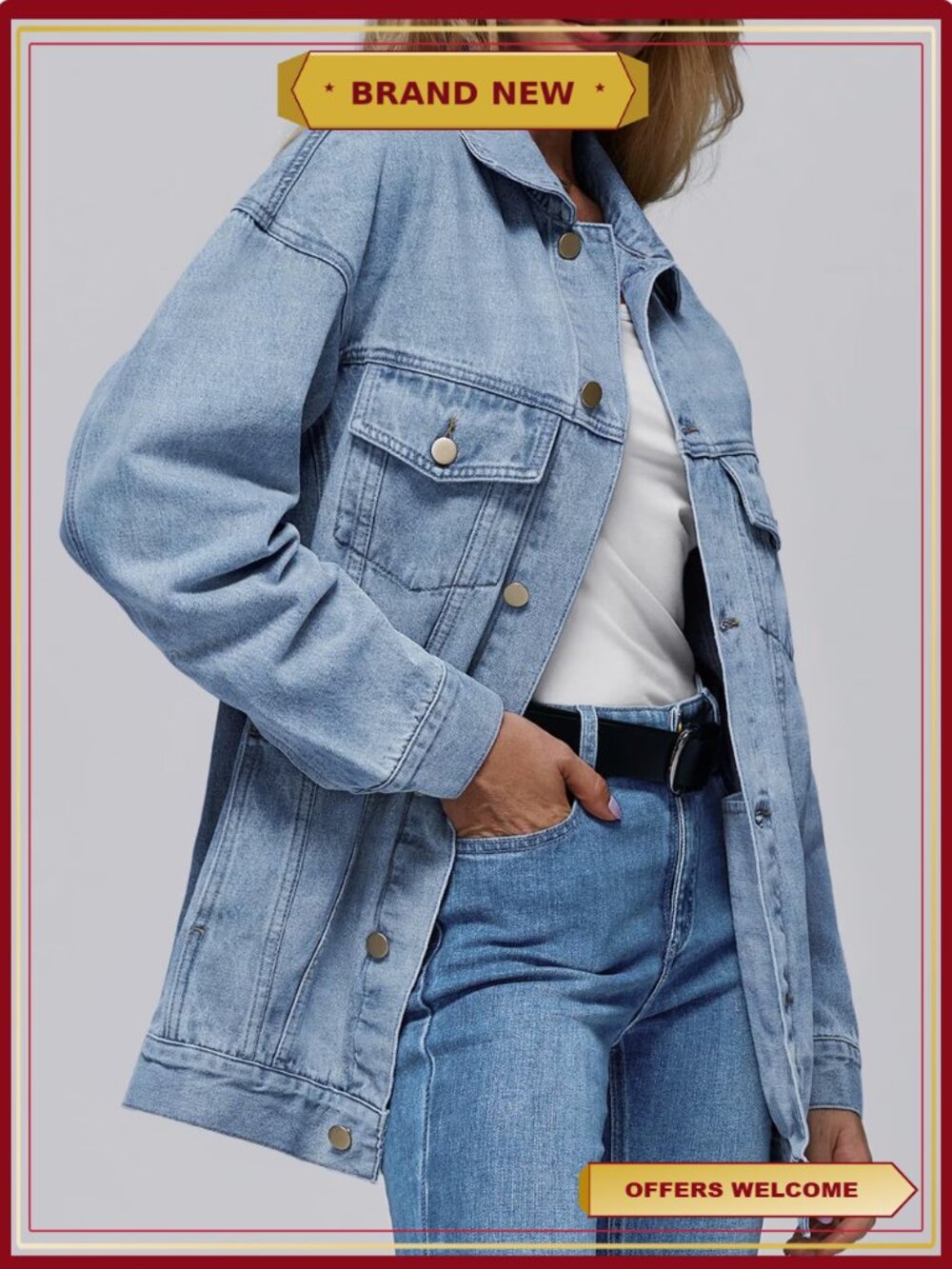 Oversized Button Down Denim Jacket Loose Fit - Picture 4 of 7